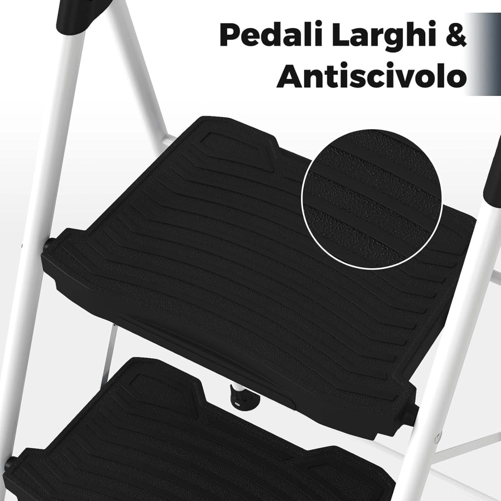 Scala a 3 Gradini, Scaletta Pieghevole in Acciaio con Corrimano Imbottito, Pedale Antiscivolo e Blocco di Sicurezza, per Cucina, Giardino e Ufficio, Portata 360 kg (Nero + Bianco)