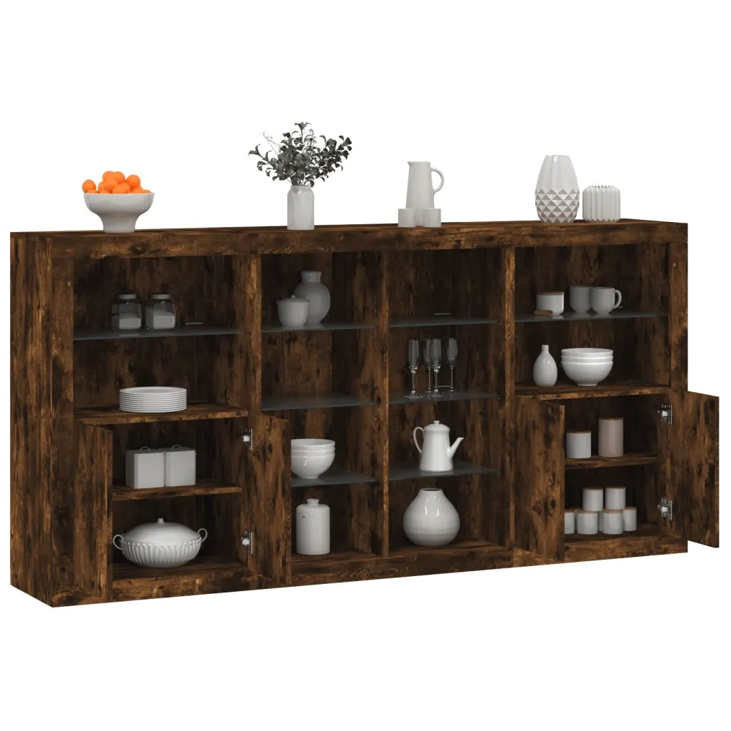 Credenza con Luci LED-Buffet-Armadio da cucina Rovere Fumo 202x37x100 cm