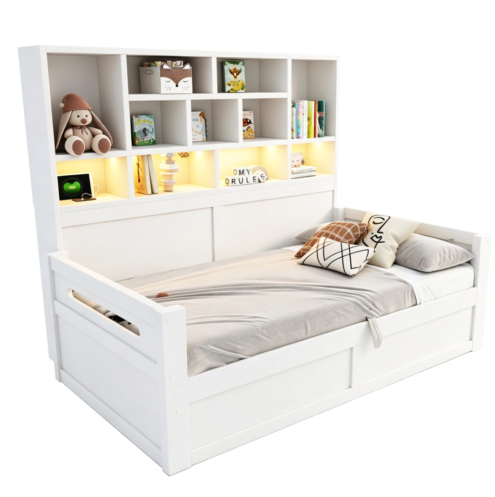Letto multifunzione 90x200 cm in MDF bianco con LED; prese; scomparti e 2 cassetti