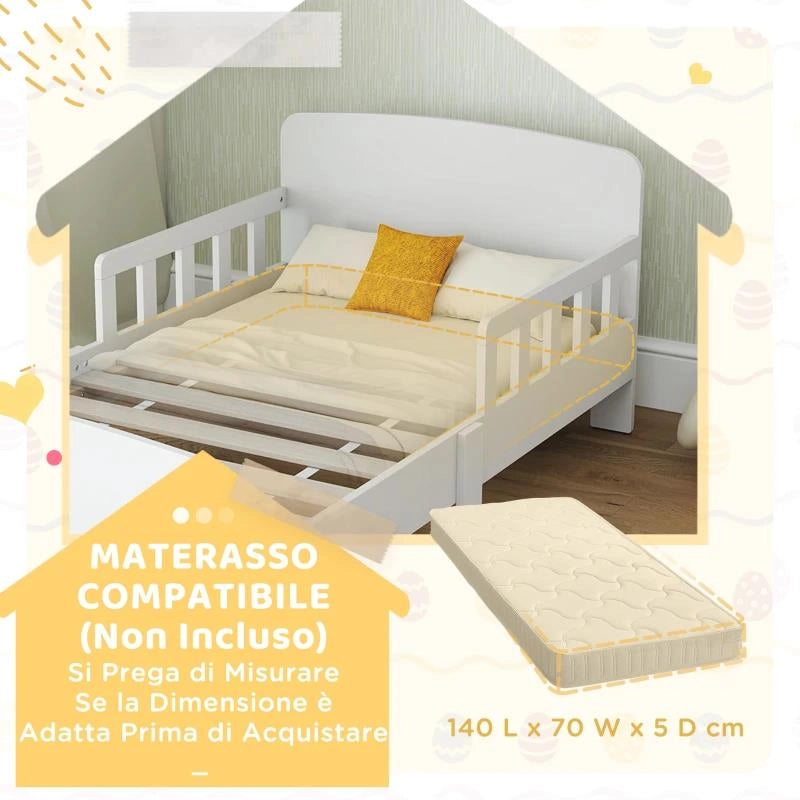 LETTO PER BAMBINI 3-8 ANNI BASSO CON SPONDE LATERALI E BORDI LISCI, IN LEGNO, 143.5X74.2X54 CM, BIANCO