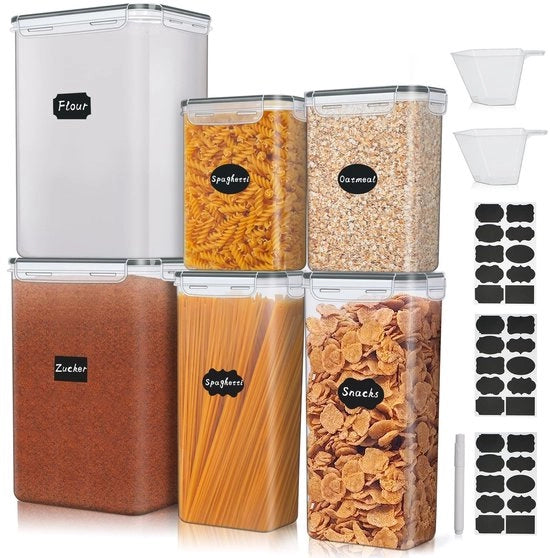 Opbergdozen con coperchi, set da 6, contenitore grande a chiusura ermetica, contenitore per alimenti 8,5/2,8/2L, contenitori per conservazione di cereali, zucchero e cibi per la cucina