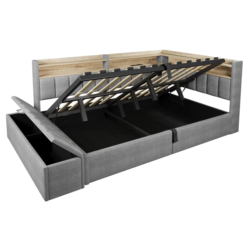Letto contenitore 140x200 in velluto grigio con luce LED RGB e USB