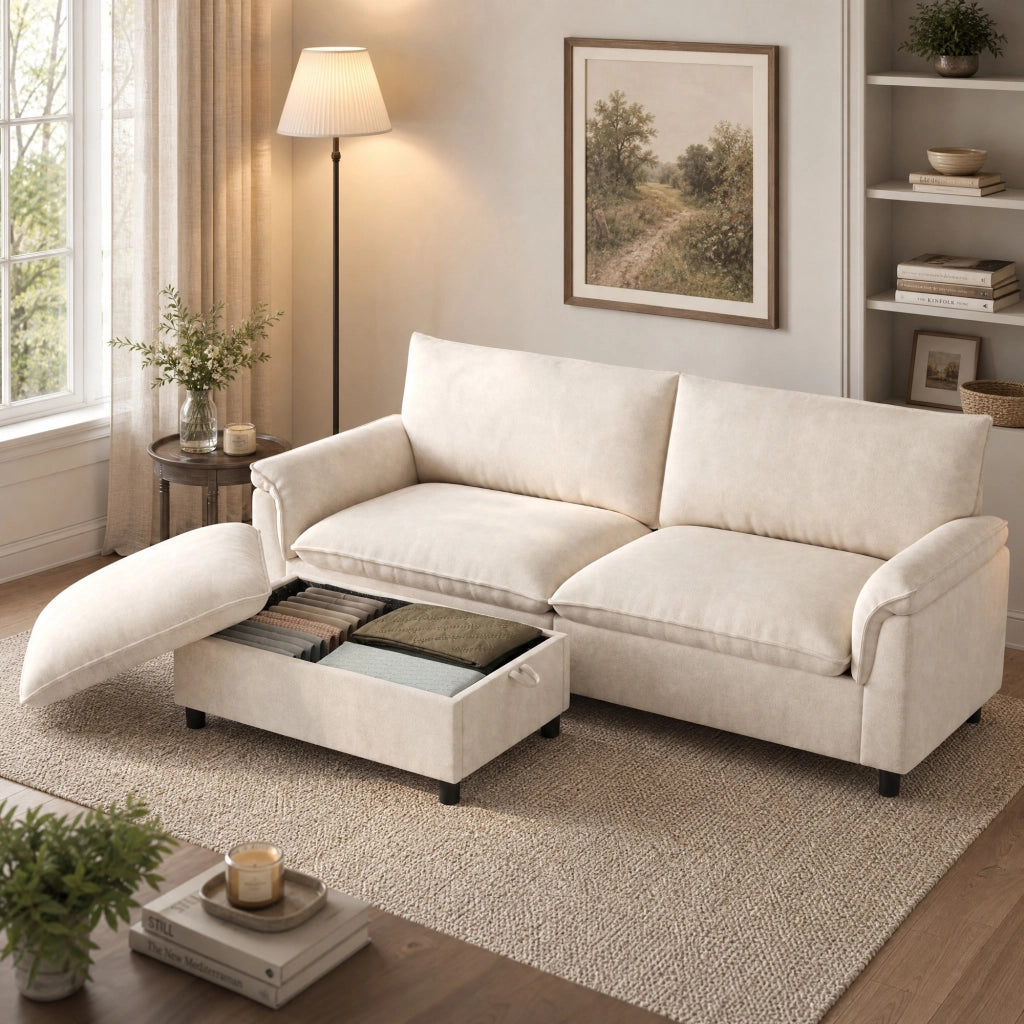 Divano modulare in chenille beige con pouf contenitore, 216 × 77 × 82 cm