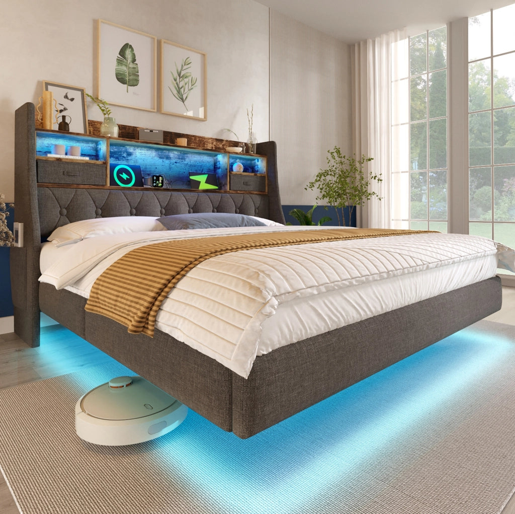 Letto 140x200 cm con LED; porta USB C e testiera contenitore; lino grigio