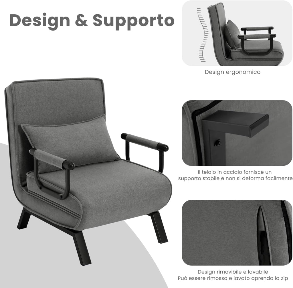 Poltrona Relax Reclinabile Convertibile, Divano Letto Trasformabile 3 in 1, con Schienale Regolabile in 5 Posizioni, Cuscino Rimovibile, Seduta Imbottita, 65 x 75 x 78cm, Grigio Scuro