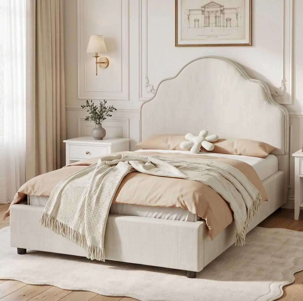 Letto imbottito 90x200 cm con testiera arrotondata in lino beige