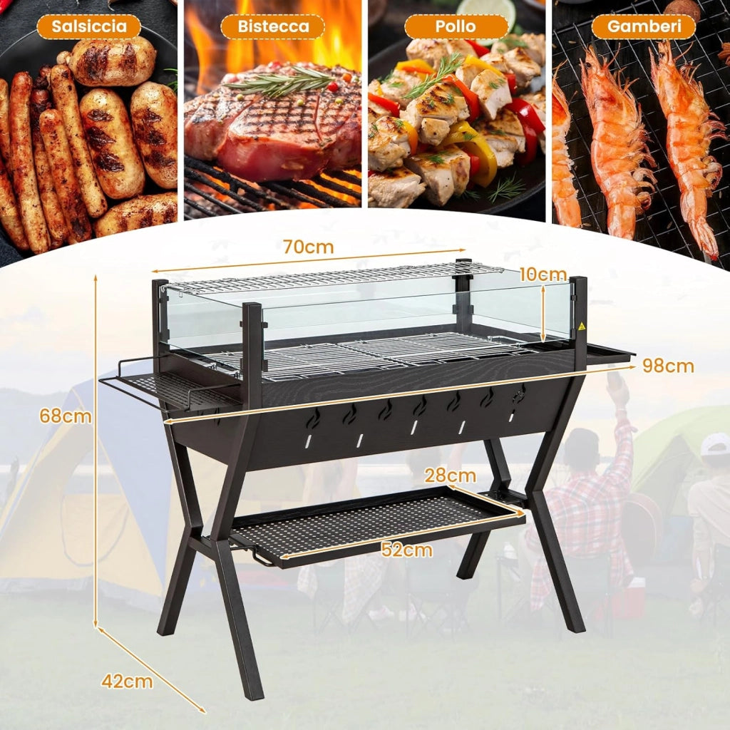 Barbecue a Carbonella, Griglia a Carbone Portatile con Protezione Antivento, Ripiani per Condimenti, Mensola Portaoggetti, per Cucinare, Campeggio e picnic