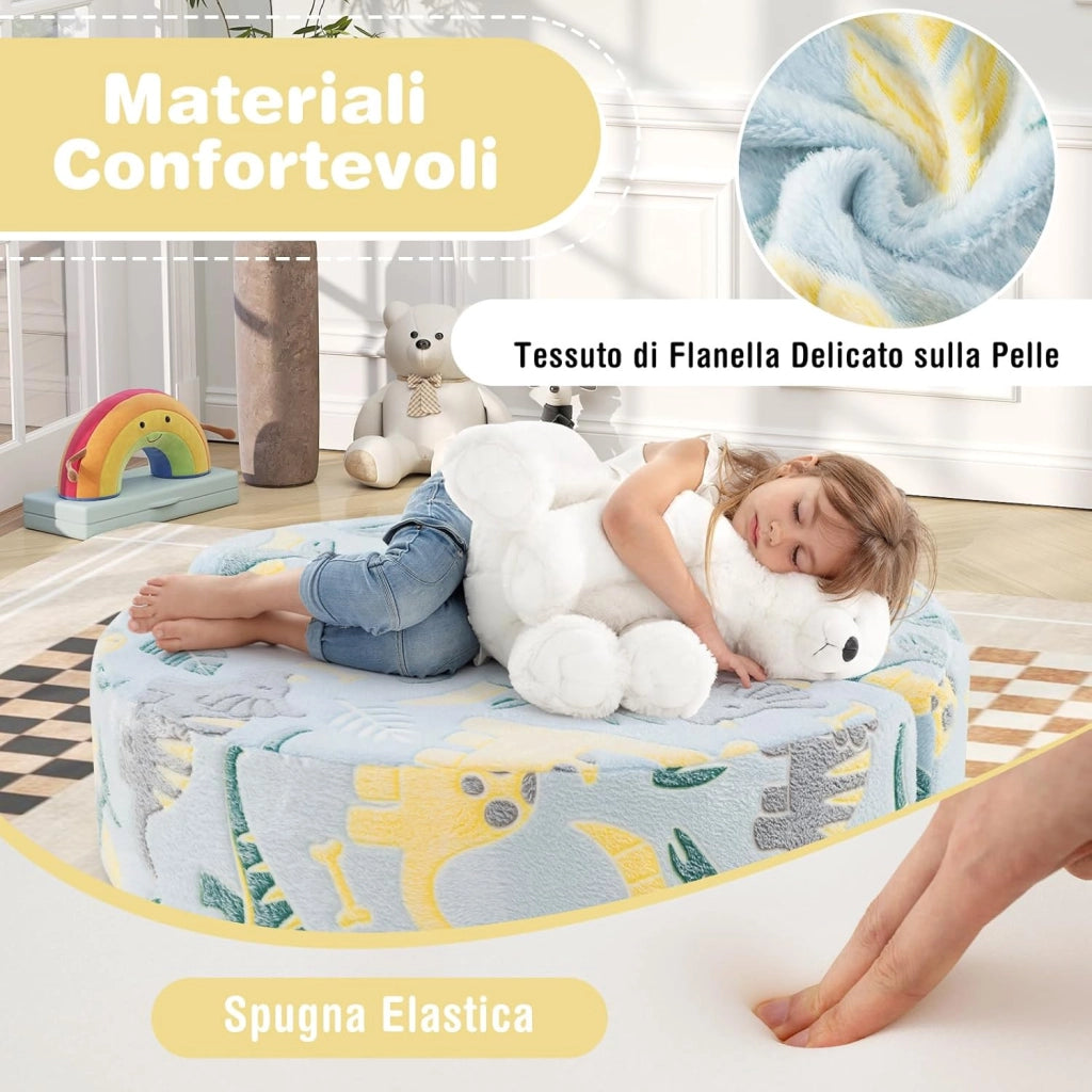 Divano Cuscino per Bambini Pieghevole 2 in 1, Poltrona Schienale Pieghevole per Bambini con Motivi Luminosi nel Buio, Divano Pieghevole per Camera da Letto e Soggiorno (Dinosauro blu)