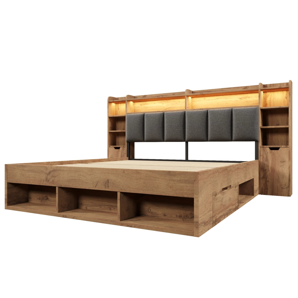 Letto matrimoniale 180x200 cm con LED; USB e USB-C; cassetti e comodini mobili; rovere