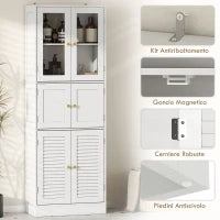 Mobile Bagno con 3 Armadietti a 2 Ante in Vetro e Legno, Ripiani Regolabili, 60x30x170 cm, Bianco