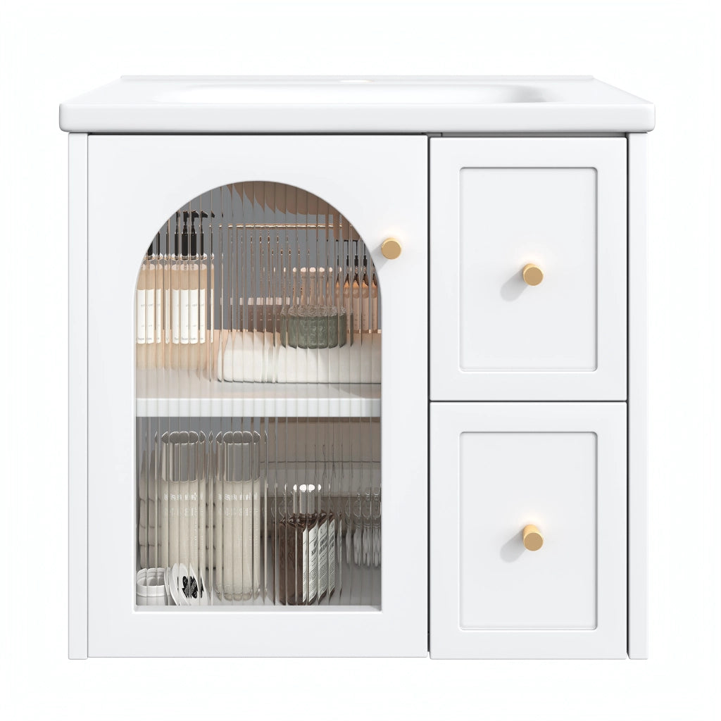 Mobile Bagno Sospeso con Lavabo in Ceramica, LED e Anta in Vetro ¨C MINIMAL ¨C Nero/Bianco