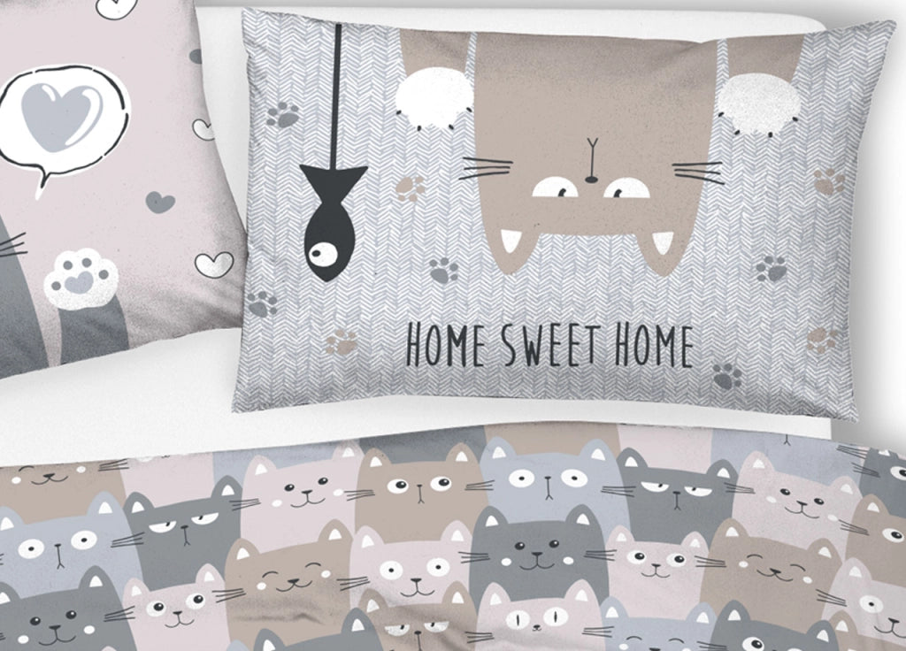 Copripiumino Sacco Piumone Pensieri Delicati Cotone Disegno Happy Cat - Singolo - Grigio