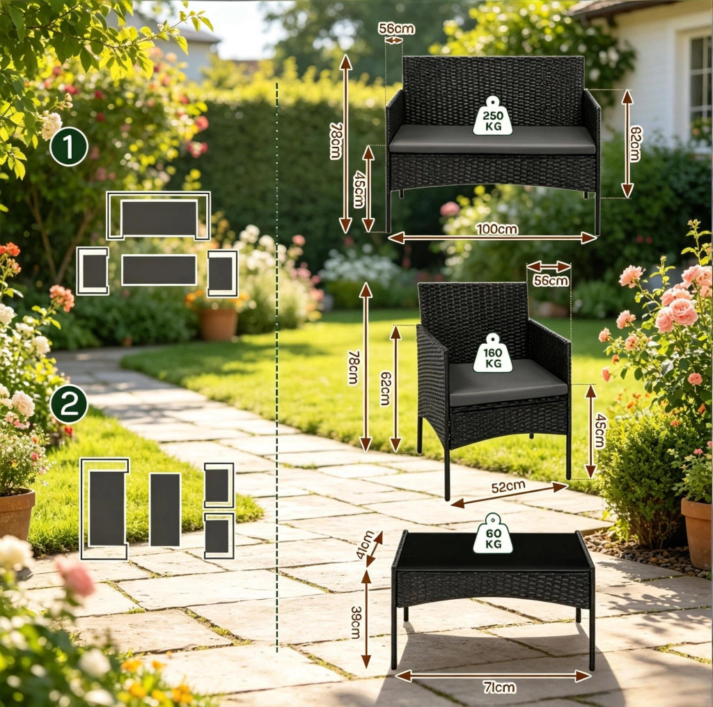Set da giardino ULEVR 4 pezzi per 4 persone con divano 2 posti, 2 poltrone e tavolino con vetro temperato, nero