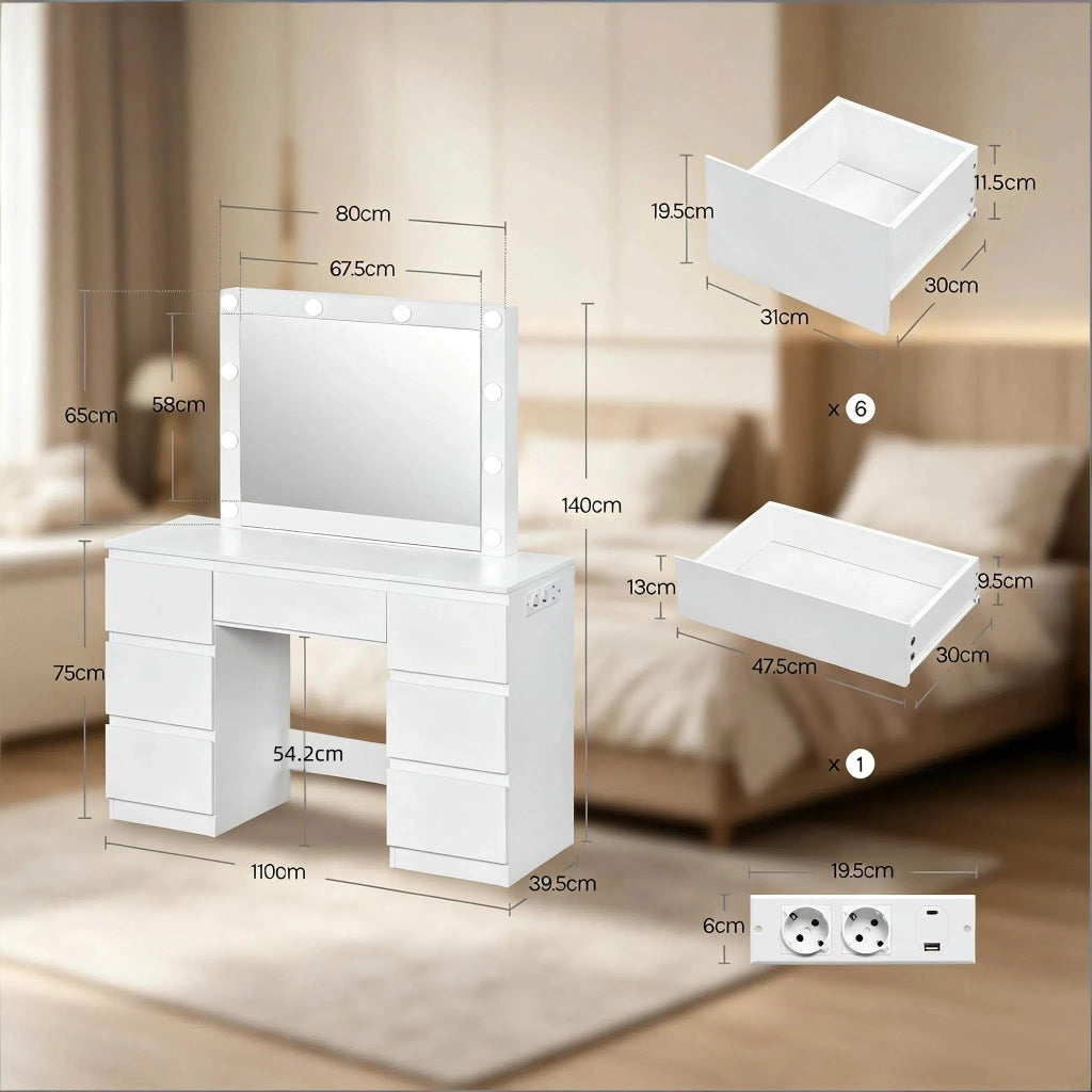 Toeletta con 7 cassetti; specchio LED dimmerabile e prese integrate per camera da letto; 110×39.5×140.5 cm