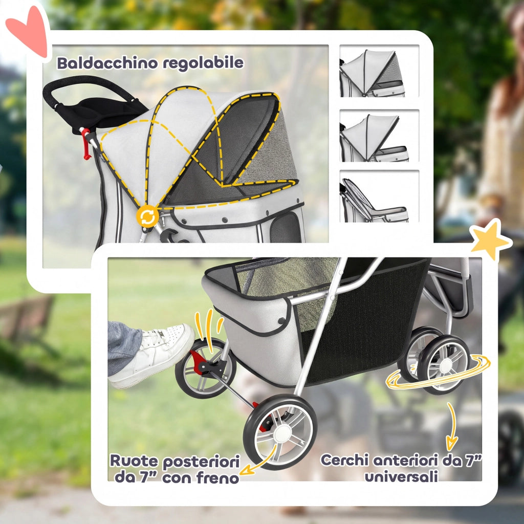 Passeggino per Cani 77x44x102 cm Pieghevole con Portabicchieri e Cestino Grigio