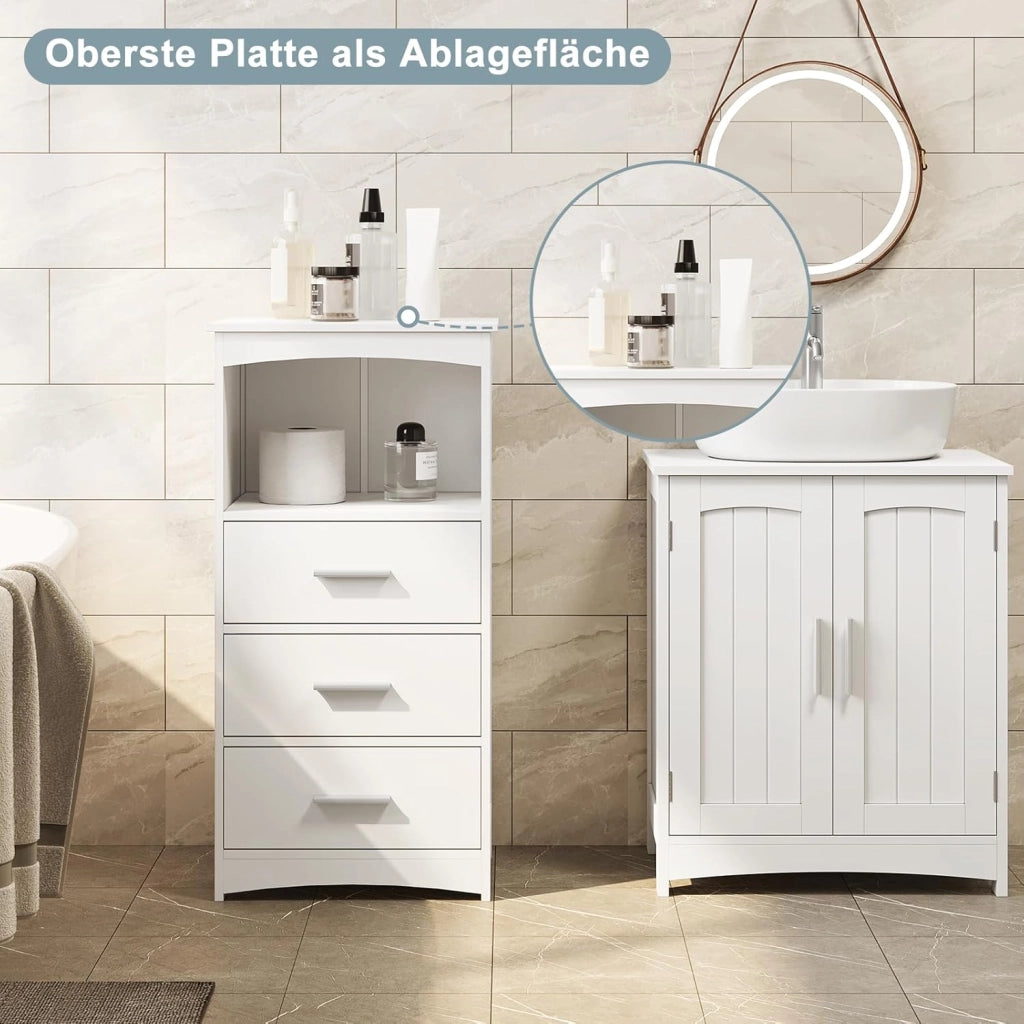 Mobile da Bagno Autoportante 3 Cassetti, Cassettiera con 1 Piano e 1 Scomparto a Giorno, Maniglie Argentate, per Ingresso, Soggiorno, Camera da Letto, in MDF, 40x26,5x80cm, Bianco