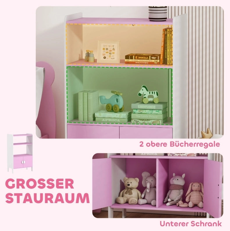 Libreria per bambini rosa con vani aperti e armadietti, 60 x 35 x 100 cm