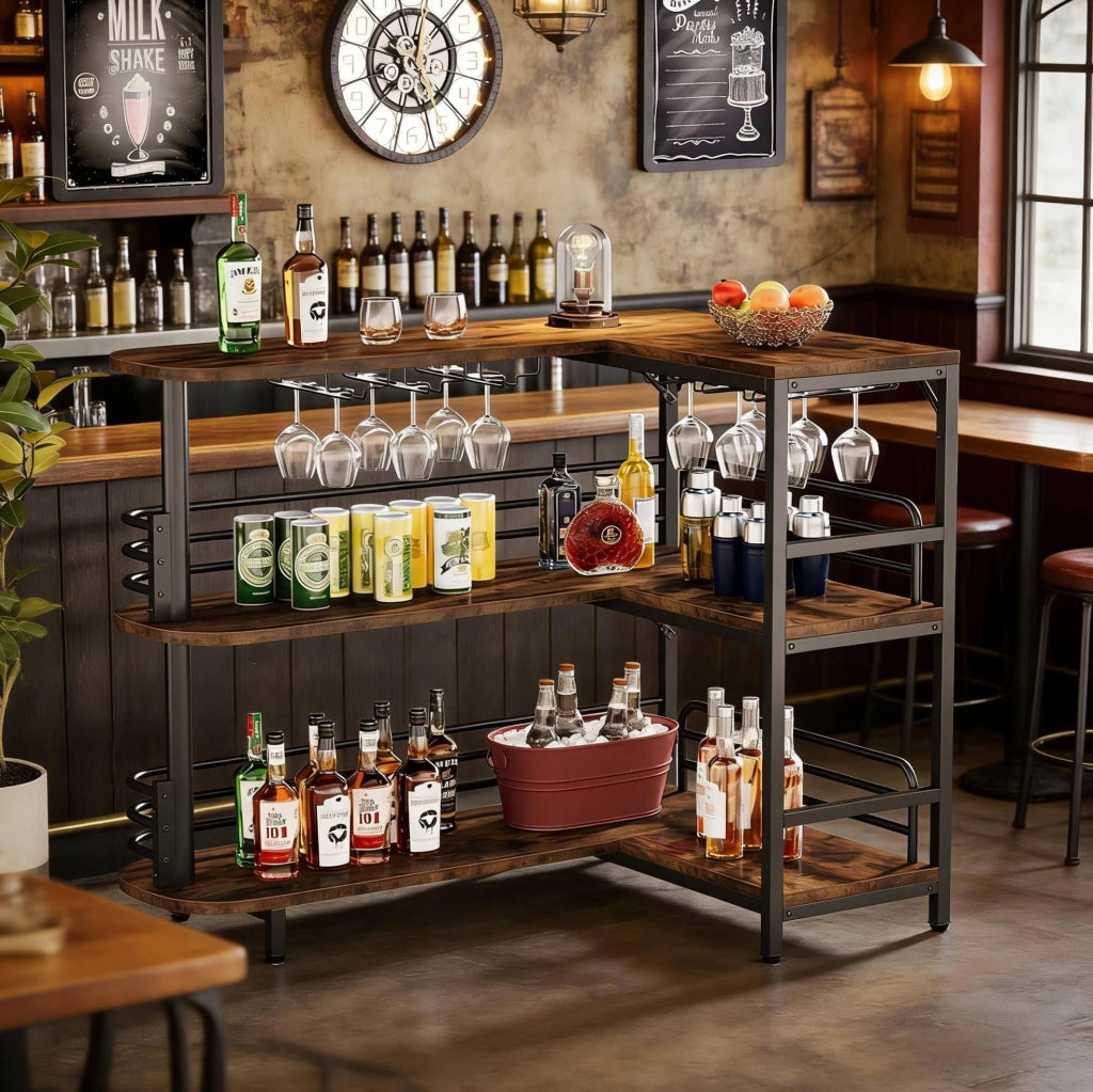 Banco bar angolare ULEVR 120x90x110 cm con 2 ripiani aperti e 6 portabicchieri, nero e marrone rustico
