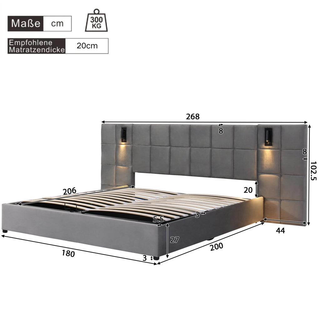 Letto imbottito 180x200 cm con contenitore, luce orientabile USB e testiera ampia