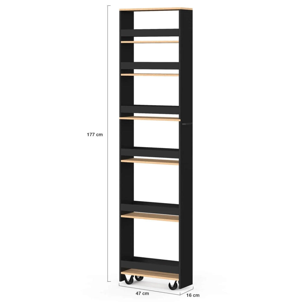 IDMarket - Carrello da cucina salvaspazio HAGA con 6 ripiani, nero e finitura faggio, altezza 177 cm
