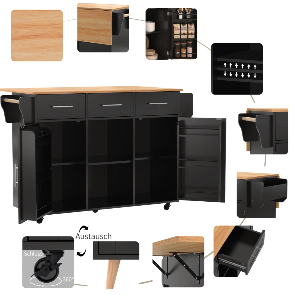 CARRELLO CUCINA con piano ribaltabile 139x46(71)x91,5 cm MDF Nero/Naturale