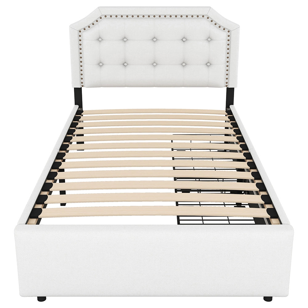 Letto singolo imbottito - Xylo - 90x200 cm - Beige chiaro - 2 cassetti, comodino, rivetti decorativi