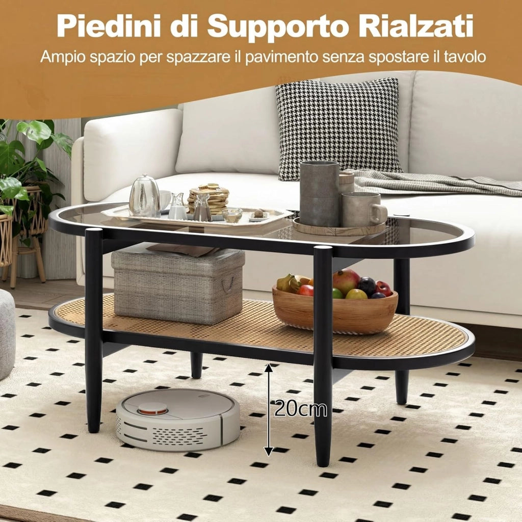 Tavolino da Caffè Salvaspazio, Tavolino da Divano a 2 Ripiani con Piano in Vetro Temperato, Struttura in Legno e Piedini Regolabili, per Soggiorno, Camera da Letto Ufficio, 102 X 56 X 46 CM