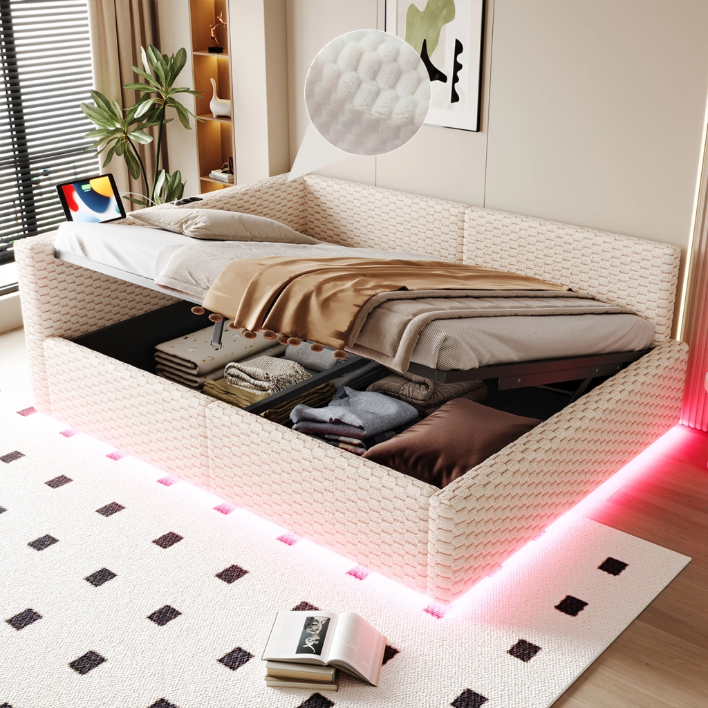 Letto Imbottito 140x200 cm in Velluto Beige con Contenitore Idraulico; LED e Prese USB/Type-C