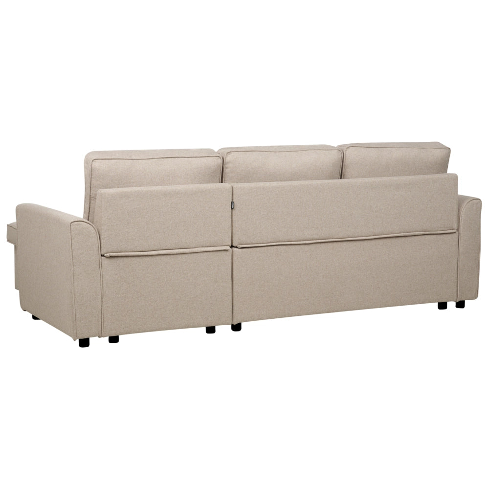 Divano letto ad angolo imbottito in tessuto beige versione sinistra con contenitore classico