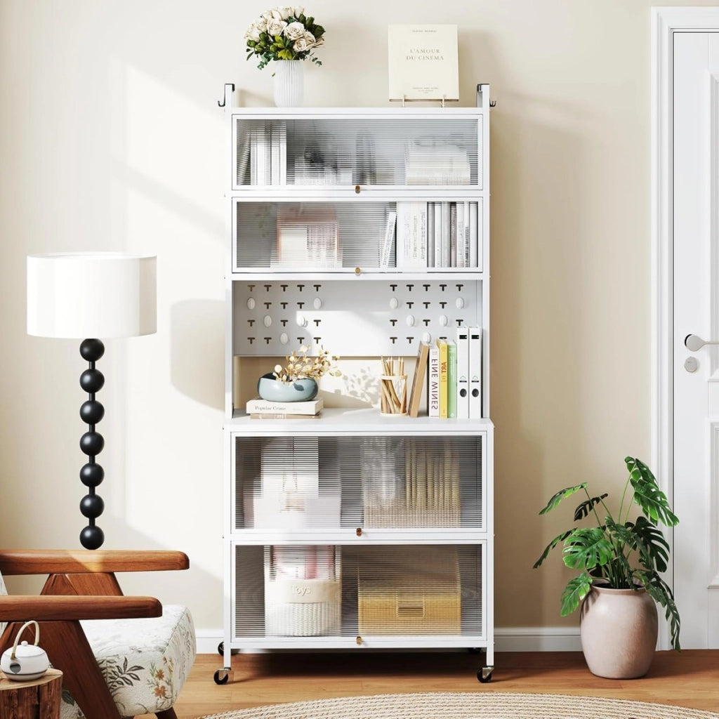 Armadio cucina 6 livelli buffet credenza, Porte ribalta supporto microonde pannello forato ganci Bianco-Credenze buffet