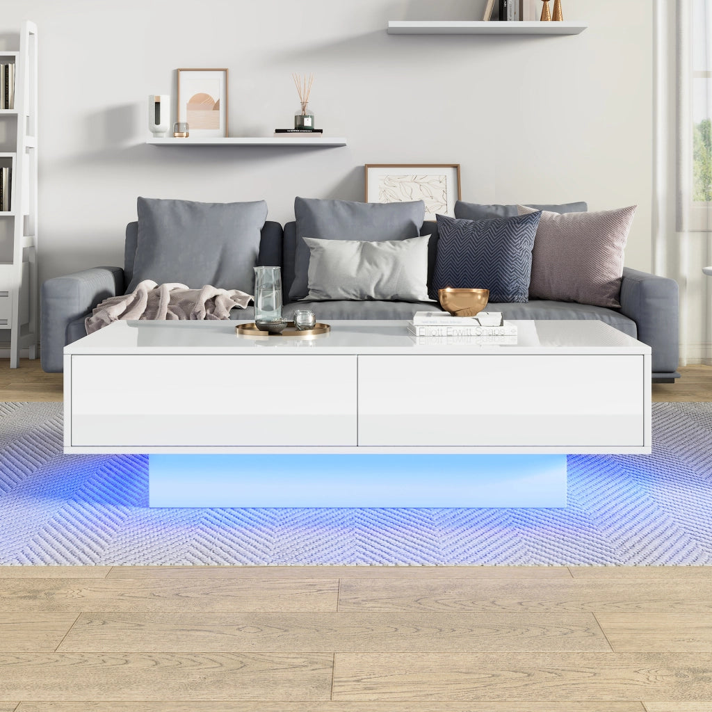 Tavolino da Salotto con 2 Cassetti e LED; Bianco Lucido; Stile Moderno; in Pannello Truciolare; Bianco