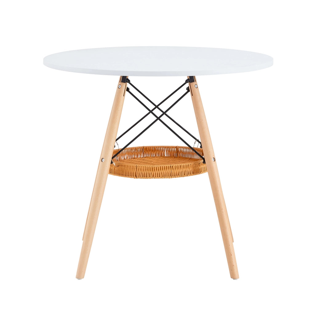 Tavolo da pranzo rotondo con cestello sospeso, 2-4 posti, in MDF e legno massiccio, per piccoli spazi, bianco, Ø 80 cm