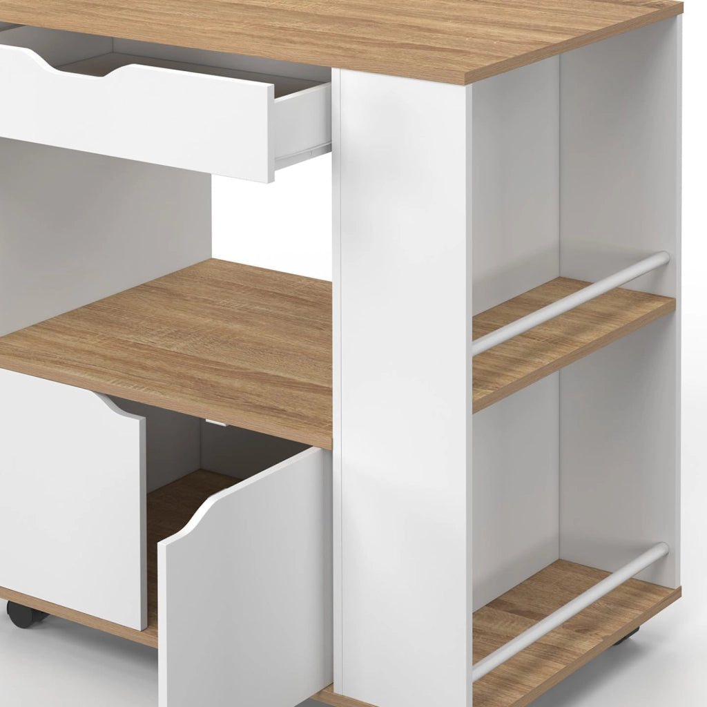 Credenza COSI per microonde con cassetto e ripiani per spezie in legno bianco e vassoi in faggio L.76 cm