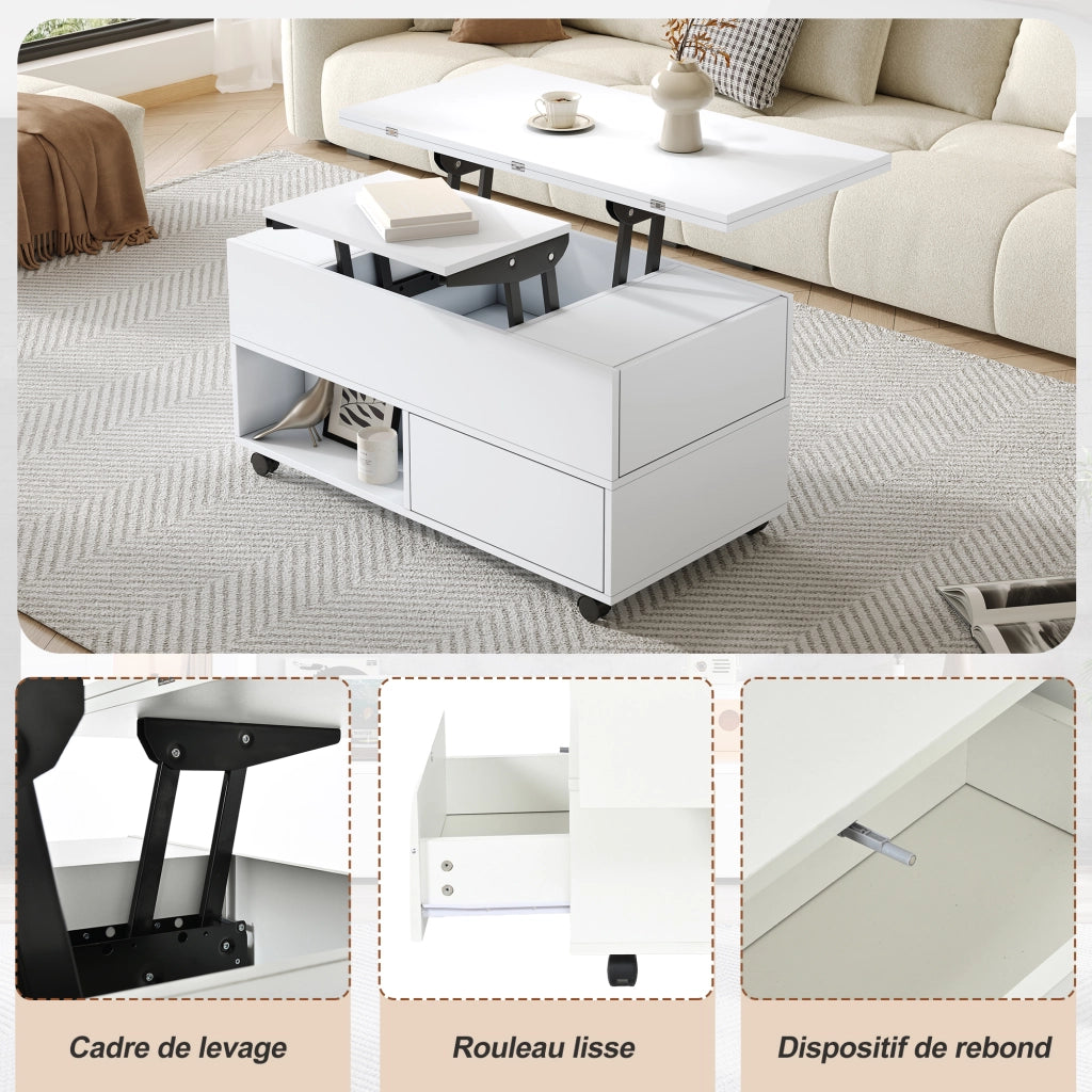 Tavolino da caffè alzabile con 4 cassetti; 2 vani aperti e ruote con freno; per soggiorno e studio; 100 × 50 × 52 cm