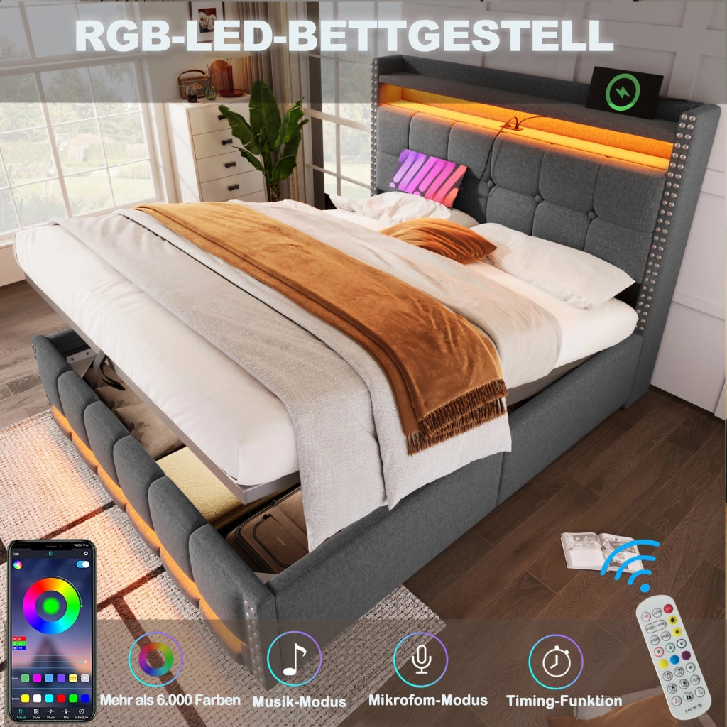 Letto Contenitore 140x200 cm; Letto Matrimoniale con LED; USB e vano contenitore