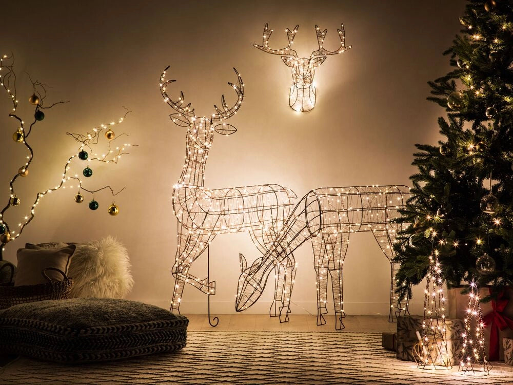 Decorazione da Esterno e Interno con Luci a LED Testa di Renna Natalizia in Metallo Argento