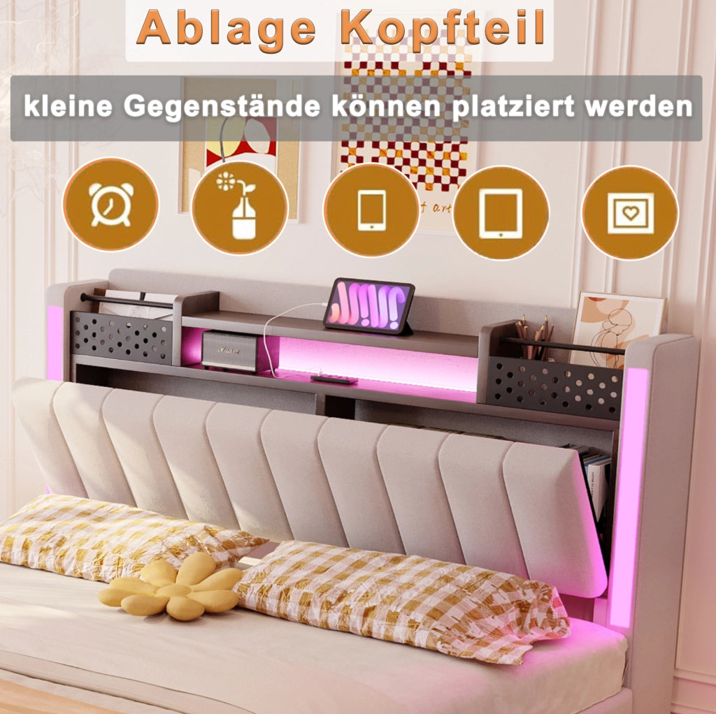 Letto imbottito 140x200 cm beige con LED, USB e contenitore
