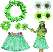 Abbigliamento Completo per Festa - Vestito Hawaii con Foglie di Palma - Collana di Fiori - Occhiali da Sole - Cintura per la Testa - Bracciale - Set Completo di Abbigliamento per Feste