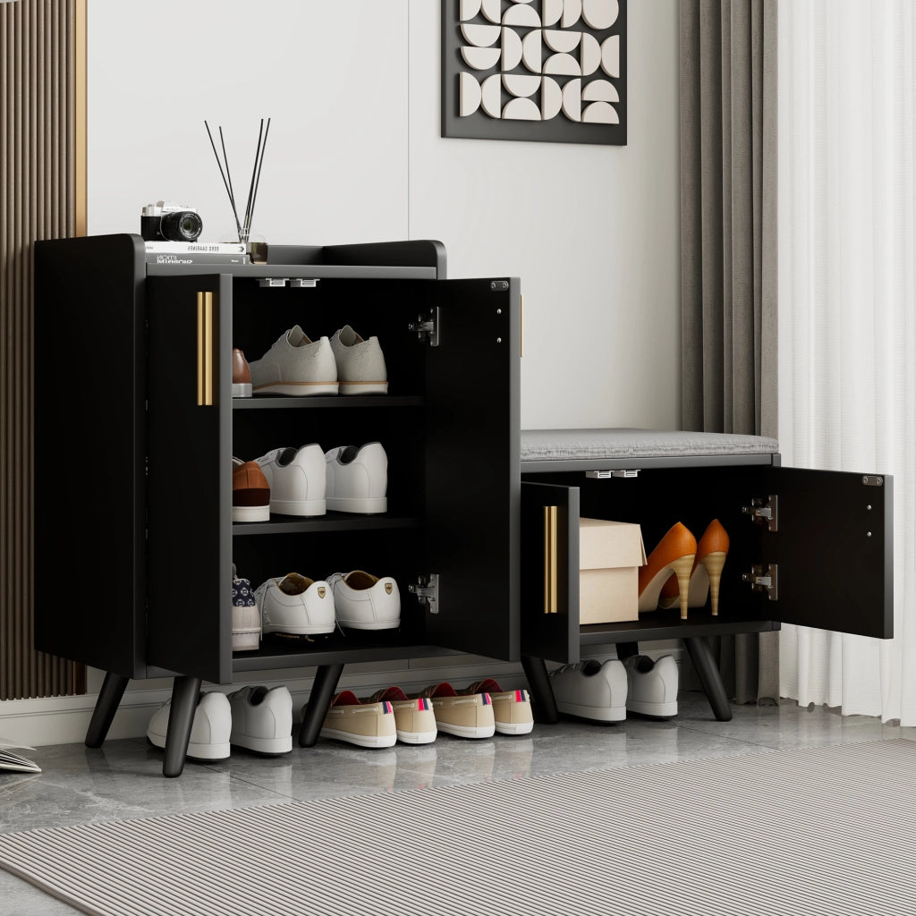 Panca portascarpe moderna in truciolare con seduta imbottita, colore nero e noce scuro, 120 x 34 x 82 cm