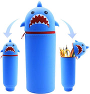 Etui in silicone per scholari e adolescenti, 2-in-1, blu, con forma di squalo morbido e kawaii.