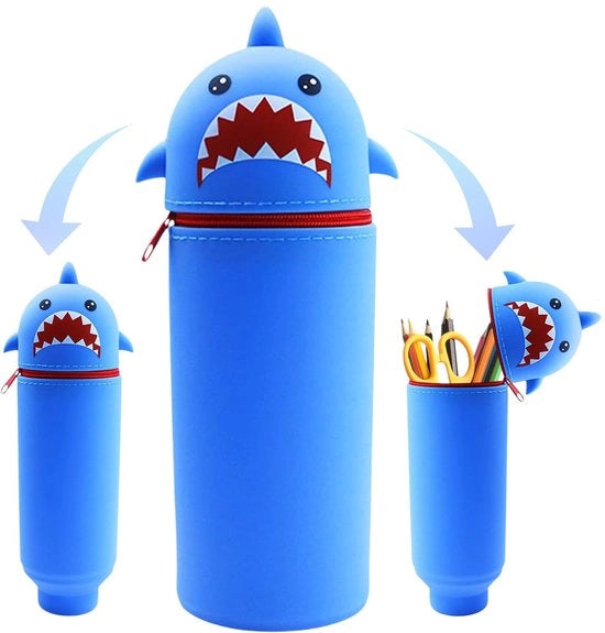 Etui in silicone per scholari e adolescenti, 2-in-1, blu, con forma di squalo morbido e kawaii.