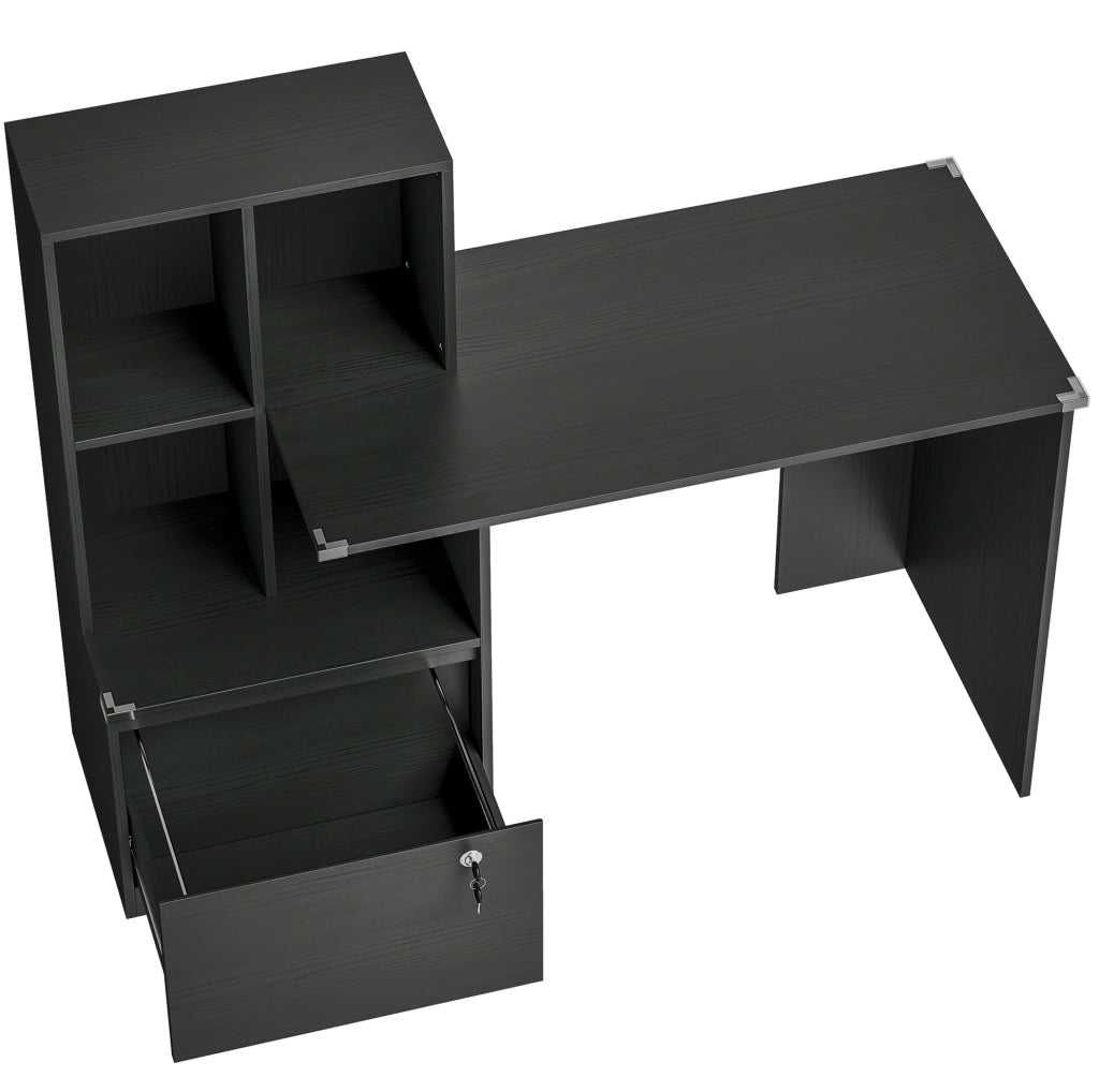 Scrivania per computer nera 126x50x109 cm con libreria a 4 vani e cassetto con serratura
