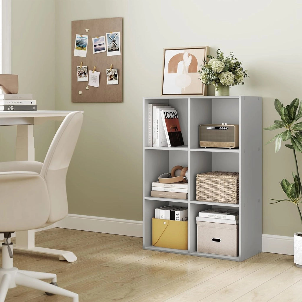 Libreria con 6 Cubi, Scaffale per Libri, Libreria Verticale per Camera da Letto, Soggiorno, Studio, Ufficio, Legno Ingegnerizzato, Grigio, 59.6x29x89cm