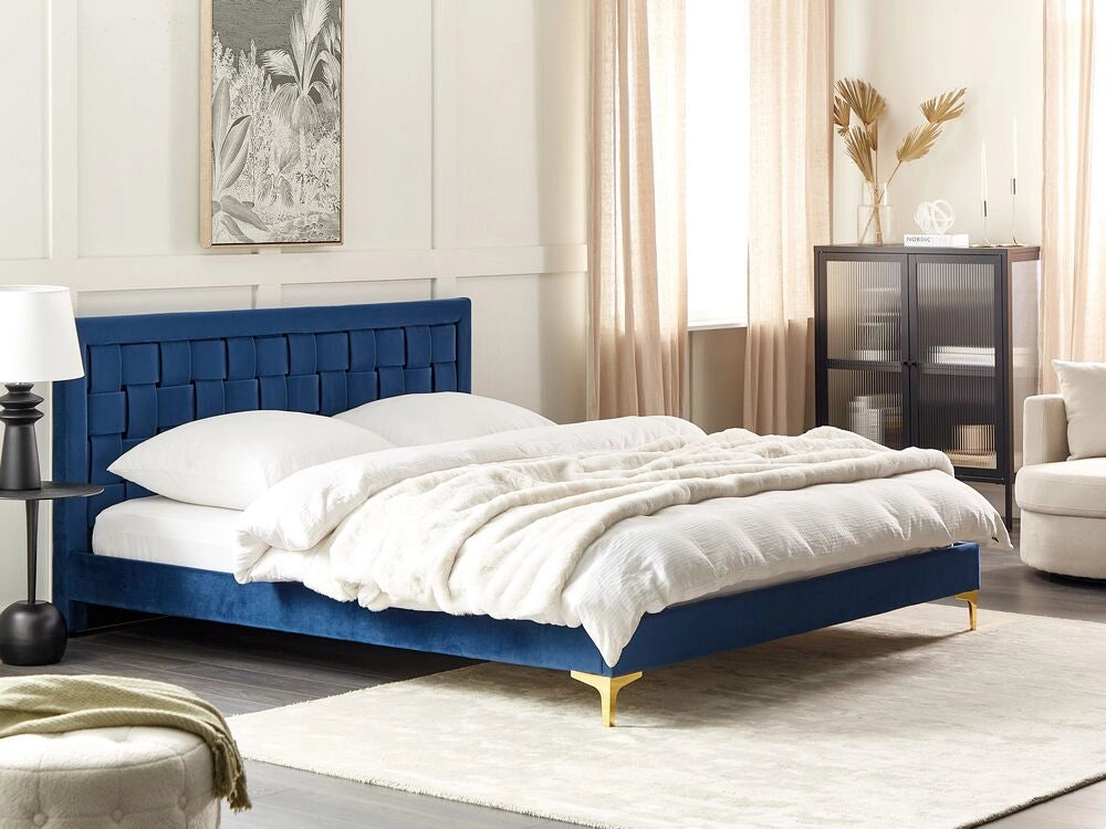 Struttura del letto imbottita 180 x 200 cm Blu Gambe dorate in velluto
