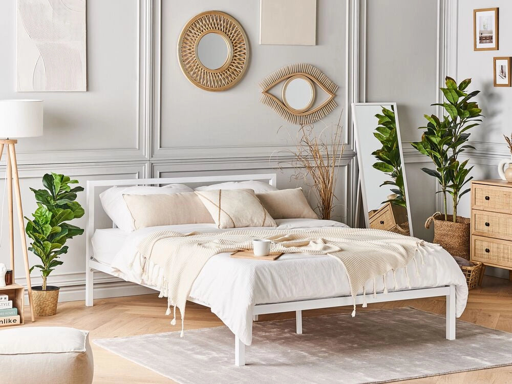 Letto in metallo bianco 160 x 200 cm doghe in legno massello industriale minimalista