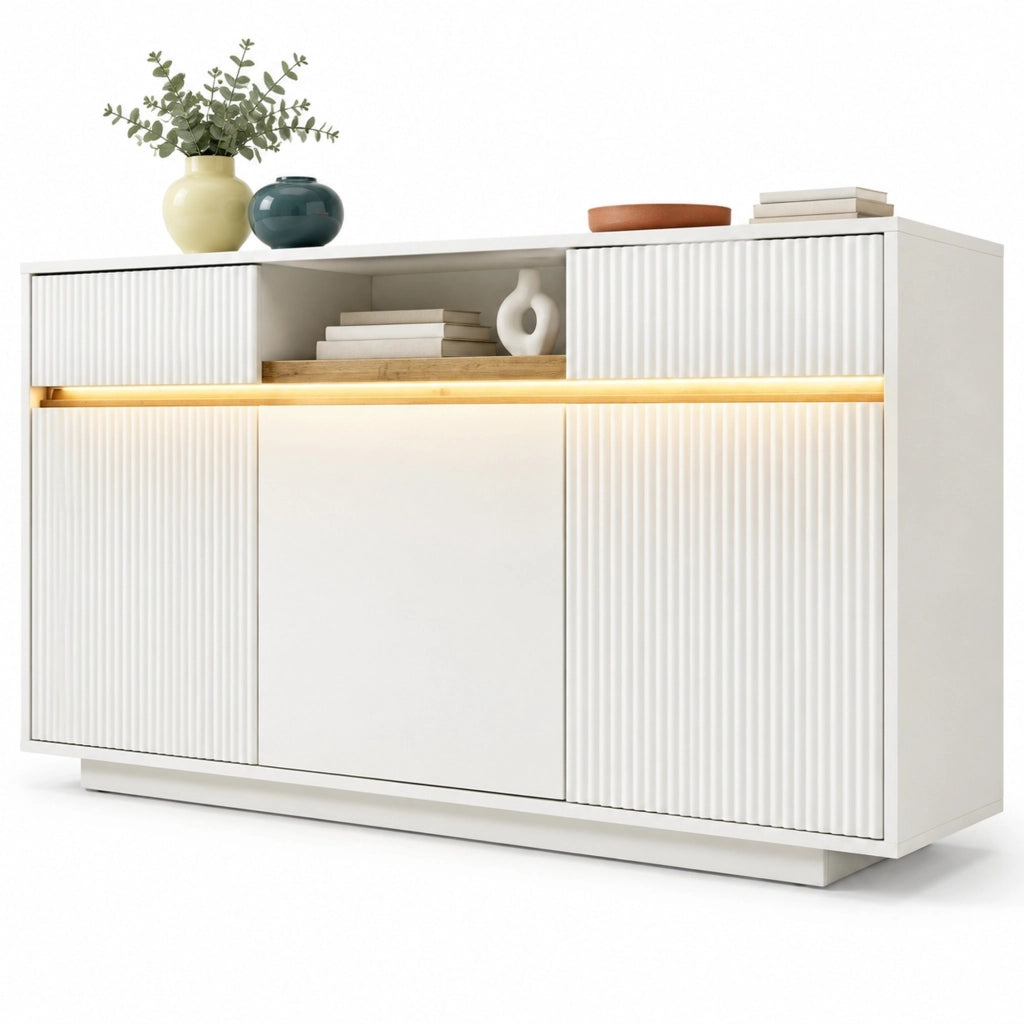 Madia 140x40x85 cm bianca in MDF con LED e ripiani regolabili