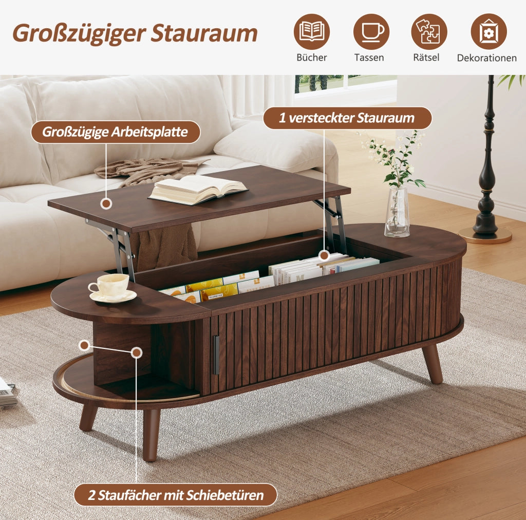 Tavolino da salotto sollevabile 120 x 50 x 39;5 cm in MDF; colore noce con vano portaoggetti
