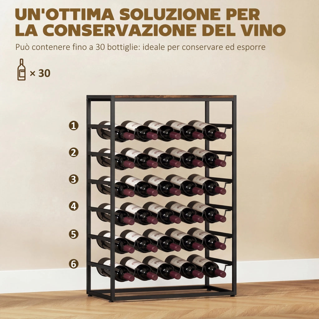 Portabottiglie da Terra per 30 Bottiglie con 6 Ripiani, Stile Industriale, Marrone Rustico