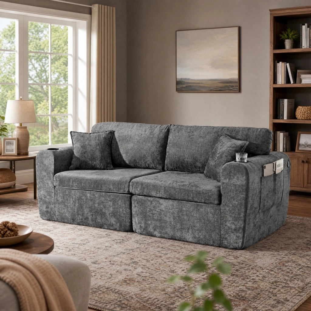 Divano relax 2 posti in chenille grigio con USB; tasche laterali; portabicchieri e cuscini