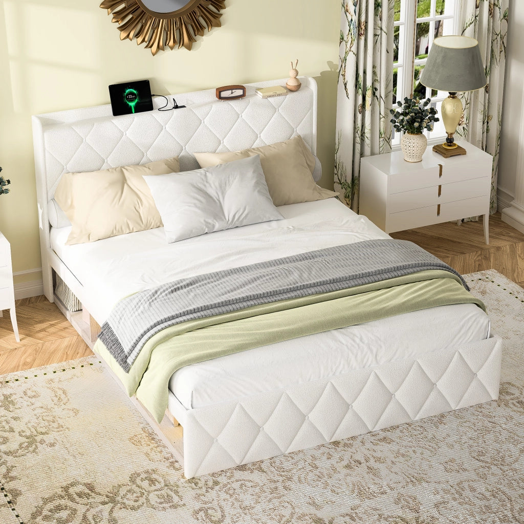 Letto imbottito 140 × 200 cm con USB, LED, 6 cassetti, ripiano testiera, senza materasso, bianco